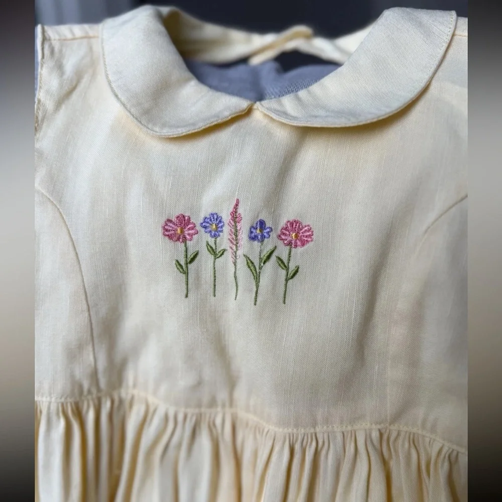 Vintage 1998 Gymboree Toddler‎ Embroidered Floral Yellow Dress Linen Blend Sz 2